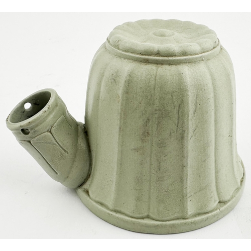 117 - PARIAN TEAKETTLE INK BOTTLE. 2.3ins tall. Matt light blue overall glazed fluted body, knob in centre... 