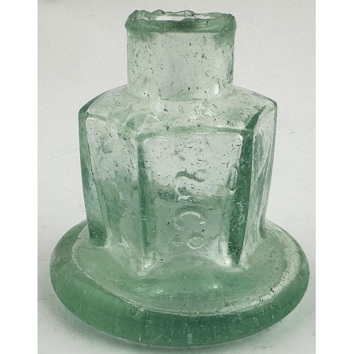 120 - C & CO HEXAGONAL BELL SHAPE INK BOTTLE. 2.2ins tall. Aqua glass, super crude, sheared lip. C & CO em... 