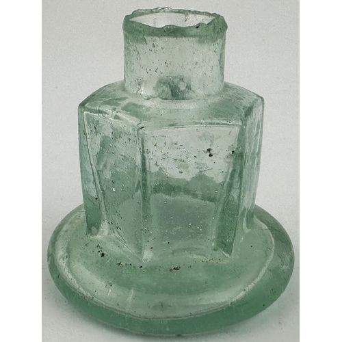 120 - C & CO HEXAGONAL BELL SHAPE INK BOTTLE. 2.2ins tall. Aqua glass, super crude, sheared lip. C & CO em... 