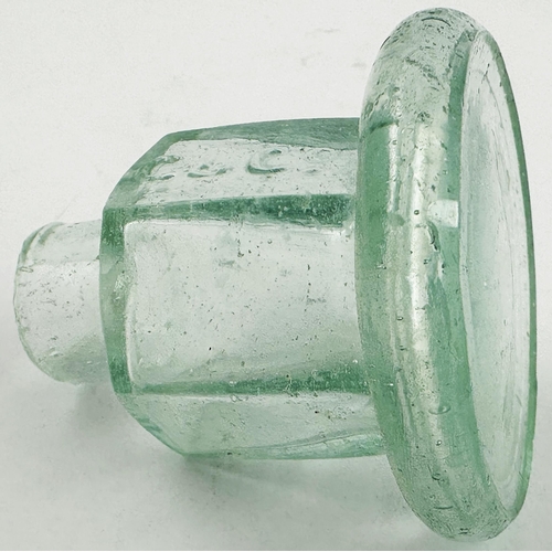 120 - C & CO HEXAGONAL BELL SHAPE INK BOTTLE. 2.2ins tall. Aqua glass, super crude, sheared lip. C & CO em... 