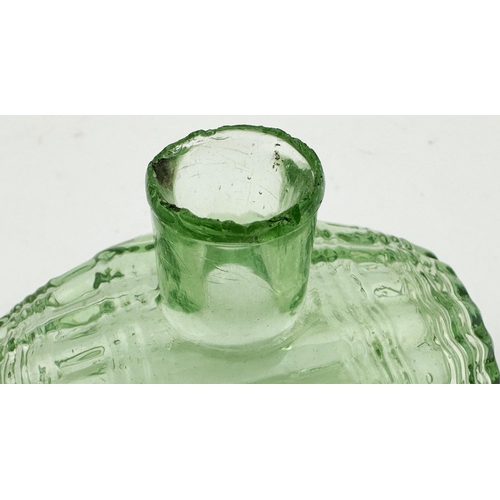 122 - FRENCH BASKET FIGURAL INK. 2.2ins tall, bright greeny aqua, sheared lip. Figural compressed barrel s... 