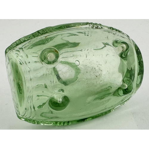 122 - FRENCH BASKET FIGURAL INK. 2.2ins tall, bright greeny aqua, sheared lip. Figural compressed barrel s... 