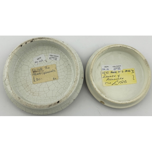 108 - PRATT WARE LID DUO. Largest 4.75ins. Multi coloured. KM 171 & KM 207. Chips. (2)