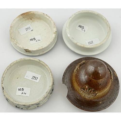 66 - POT LID TRIO & STONEWARE LID. Largest 3ins. GOSNELL, JEWSBURY & ELLEN HALES, stoneware lid. Chips & ... 