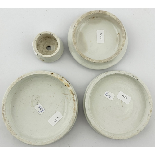 69 - POT LID GROUP. Largest 3.75ins. FS CLEAVER, JOHN GOSNELL, S MAW SON & THOMPSON. Slight hairline. (4)