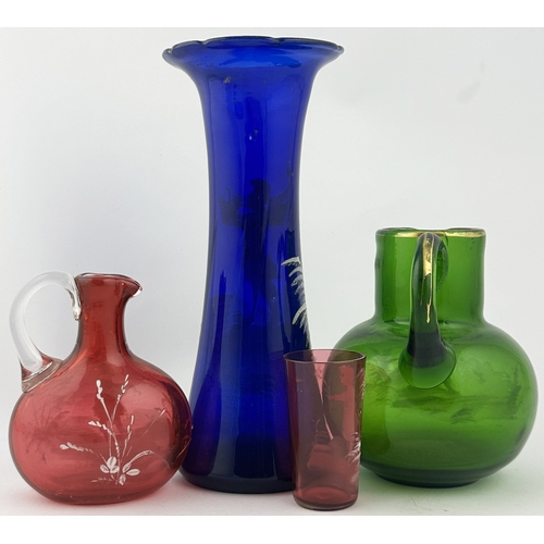 89 - MARY GREGORY STYLE GLASS WARE GROUP. Tallest 7ins. Blue, green & cranberry glass with white enamelle... 