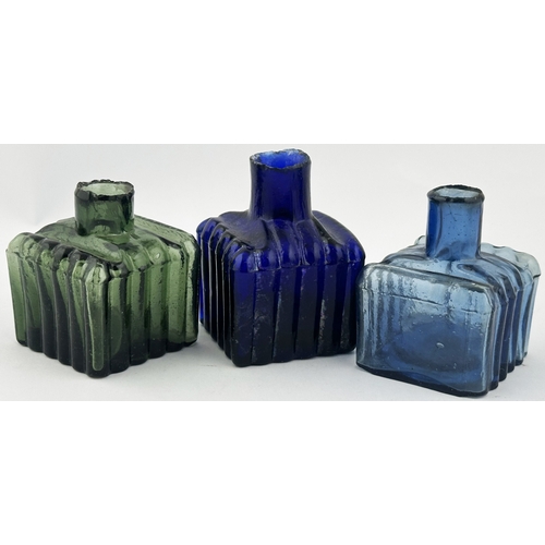 91 - INK TRIO. Tallest 2.25ins. Square body, vertically ribbed. One embossed HOLLIDGE. (3)