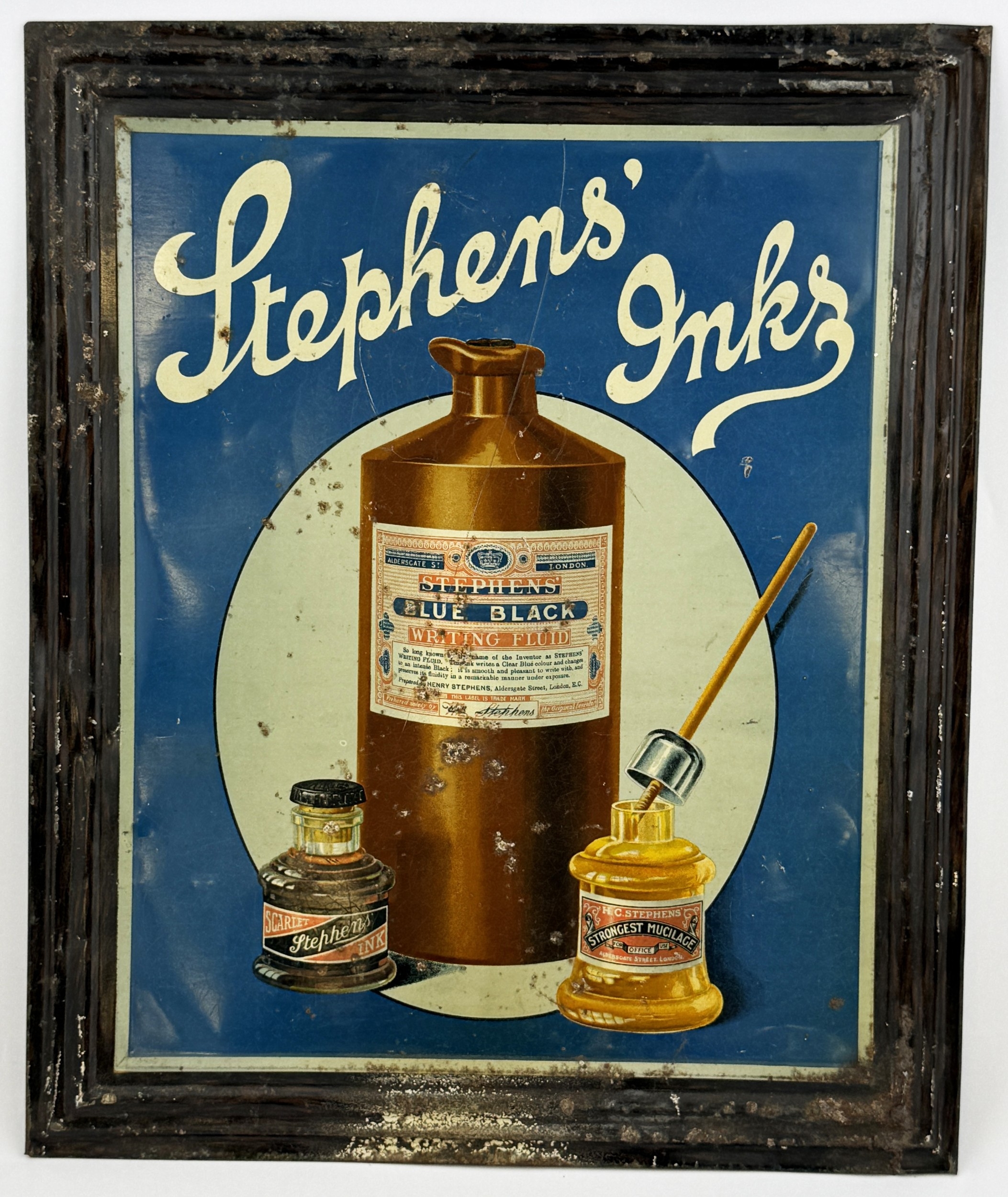 STEPHENS INKS TIN SIGN. 14.75 x 17.75ins.Two Stephens glass ink bottles ...