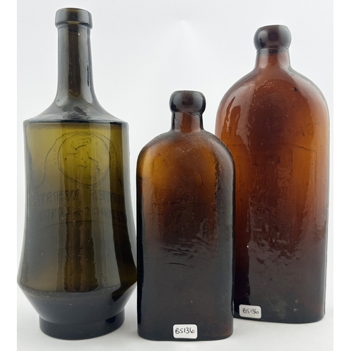 13 - GLASS TRIO. Tallest 9.75ins. London Warners Safe Cure duo & Thornes Whisky bottle. (3)