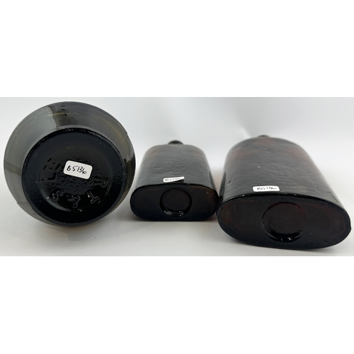 13 - GLASS TRIO. Tallest 9.75ins. London Warners Safe Cure duo & Thornes Whisky bottle. (3)