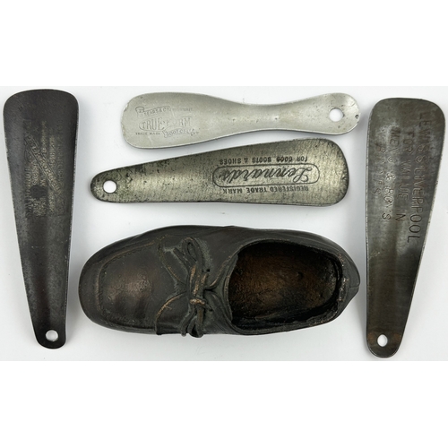 17 - SHOE HORNS & SAMPLE PIECE. Longest 5ins. Salesman type sample of a shoe with impressed shoe horns. L... 