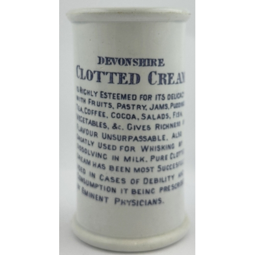 19 - ELANDS DEVONSHIRE CLOTTED CREAM CYLINDER. 5ins tall. Light blue/ purple transfer, lip roughness.