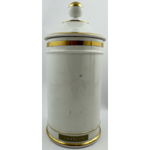 34 - LANOLIN CHEMIST JAR. 9.75ins tall. White with gold banding. Good.