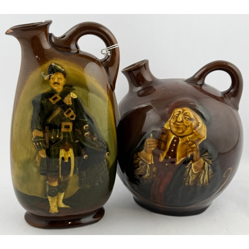 62 - KINGSWARE FLASK DUO. 8.25ins tall. John Barleycorn & The Pipe major. One chipped. (2)