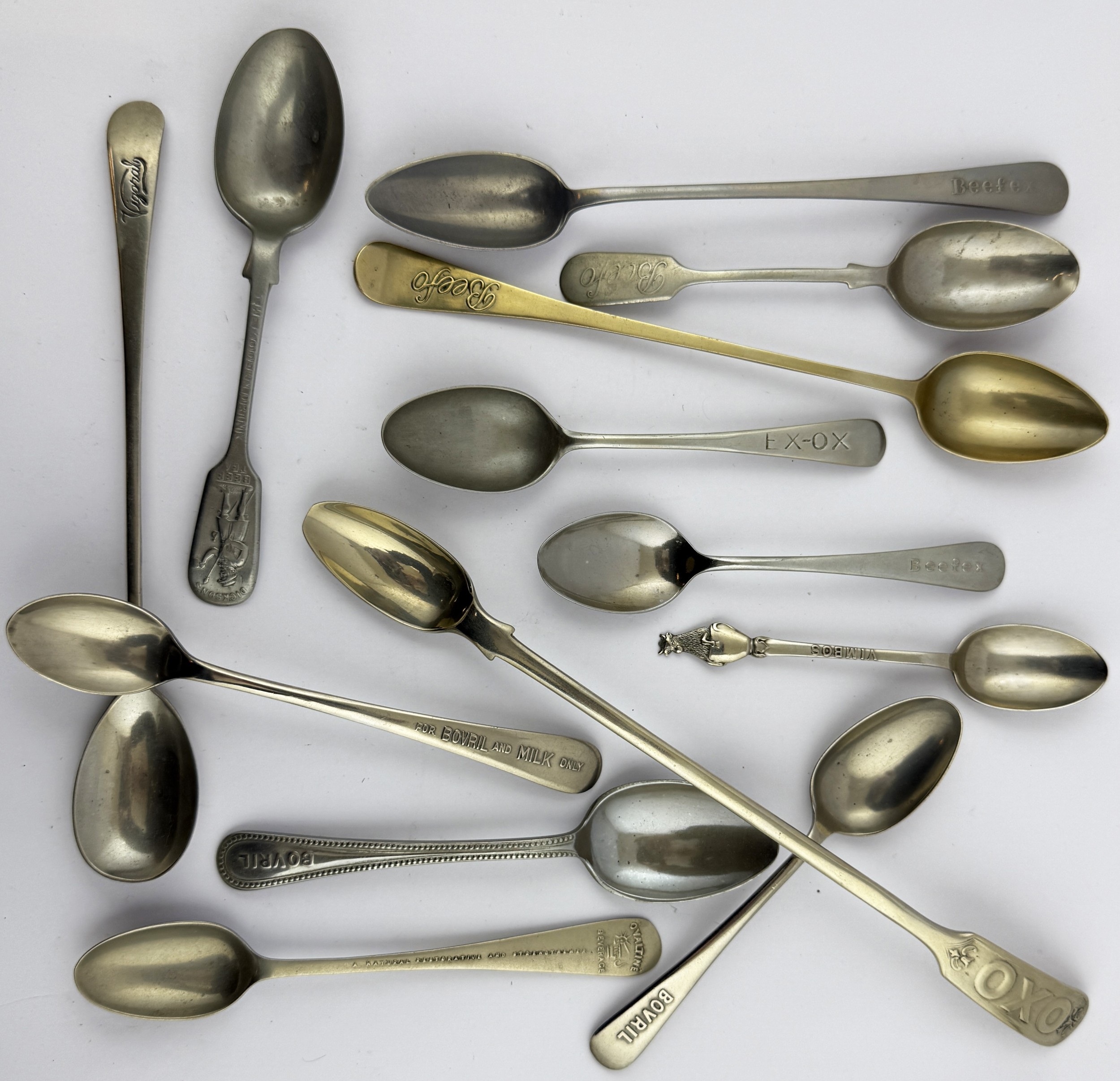 ADVERTISING SPOONS GROUP. Largest 10ins. Oxo, beefo, vigoral, Bovril ...