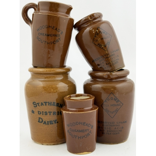 62 - SOUTHPORT CREAM POT & JUG GROUP. Tallest 4.5ins. Thoms Tea House, Woodheads plus Stathern & District... 