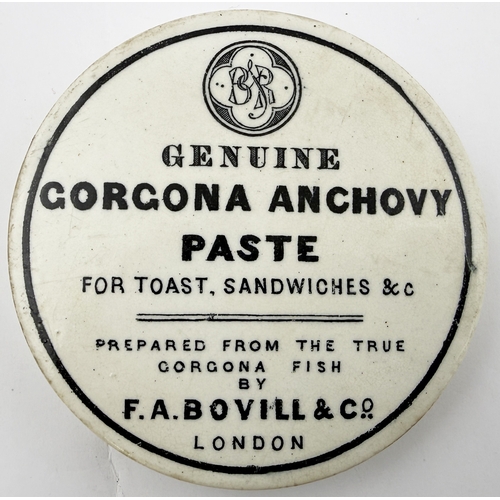 363 - LONDON ANCHOVY PASTE POT LID. 3.5ins. Rare lid for Gorgona Anchovy Paste from F A Bovill & Co. of Lo... 