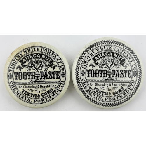 364 - PAIR OF PORTSMOUTH POT LIDS. Largest 4.3ins diam. Two Timothy White Areca Nut tooth paste lids, The ... 