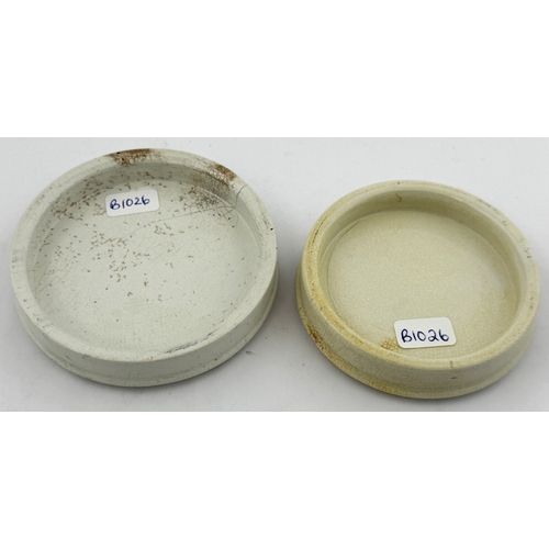 364 - PAIR OF PORTSMOUTH POT LIDS. Largest 4.3ins diam. Two Timothy White Areca Nut tooth paste lids, The ... 