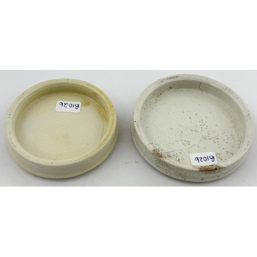 364 - PAIR OF PORTSMOUTH POT LIDS. Largest 4.3ins diam. Two Timothy White Areca Nut tooth paste lids, The ... 