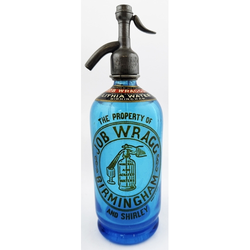365 - BIRMINGHAM SODA SYPHON. 11.75ins. Electric blue soda syphon JOB WRAGG/ BIRMINGHAM? AND SHIRLEY.Pict.... 