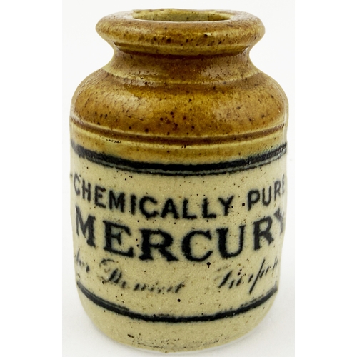 366 - MINI MERCURY POT. 2.1ins. Miniature two tone stoneware storage jar printed CHEMICALLY PURE/MERCURY/ ... 