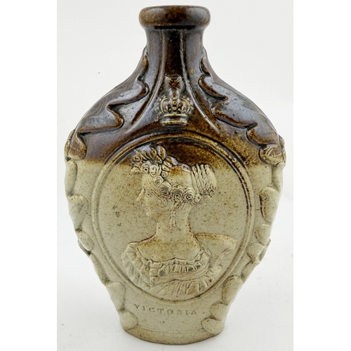 380 - VICTORIA/ DUCHESS OF KENT REFORM FLASK. RF p47. 6.5ins tall. Salt glaze flask depicting Queen Victor... 