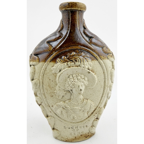 380 - VICTORIA/ DUCHESS OF KENT REFORM FLASK. RF p47. 6.5ins tall. Salt glaze flask depicting Queen Victor... 