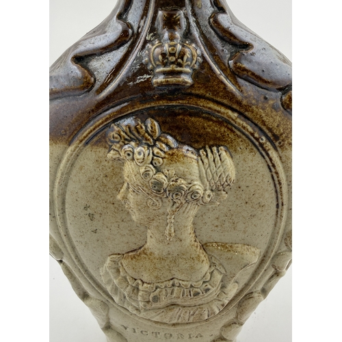 380 - VICTORIA/ DUCHESS OF KENT REFORM FLASK. RF p47. 6.5ins tall. Salt glaze flask depicting Queen Victor... 