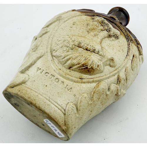380 - VICTORIA/ DUCHESS OF KENT REFORM FLASK. RF p47. 6.5ins tall. Salt glaze flask depicting Queen Victor... 
