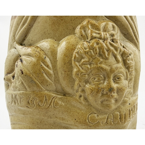 382 - CAUDLE/PRETTYMAN REFORM FLASK. RF p16. 7.25ins. Caudle/ Prettyman flask, DOULTON & WATTS/ LAMBETH PO... 