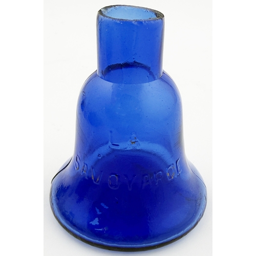 384 - COBALT BLUE BELL INK/ GUM BOTTLE. 3.25ins tall. Large blue glass bell shaped gum, ground lip, emboss... 