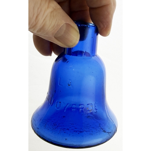 384 - COBALT BLUE BELL INK/ GUM BOTTLE. 3.25ins tall. Large blue glass bell shaped gum, ground lip, emboss... 