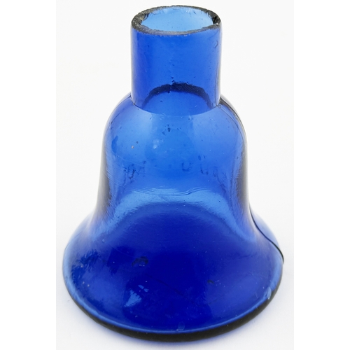 384 - COBALT BLUE BELL INK/ GUM BOTTLE. 3.25ins tall. Large blue glass bell shaped gum, ground lip, emboss... 