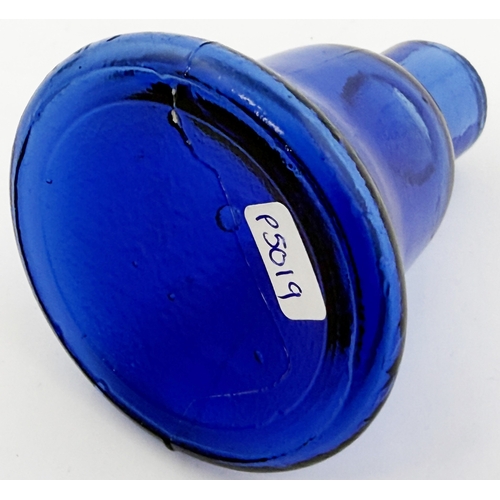 384 - COBALT BLUE BELL INK/ GUM BOTTLE. 3.25ins tall. Large blue glass bell shaped gum, ground lip, emboss... 