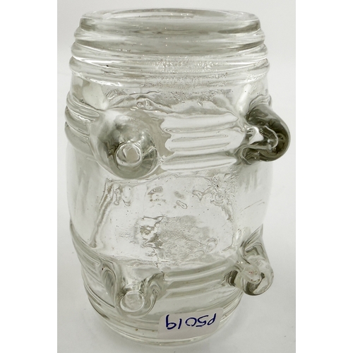385 - N ANTOINE FOOTED BARREL INK BOTTLE. 3.25 ins long. Burch p32. A12.22. Described as very rare. Side l... 