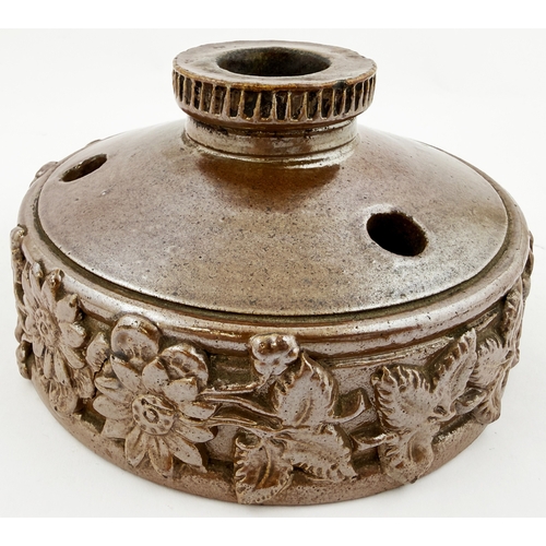 386 - SPRIGGED SALT GLAZE LANDMINE INK BOTTLE. 4.5ins diameter. Large salt glaze landmine or capstan type ... 