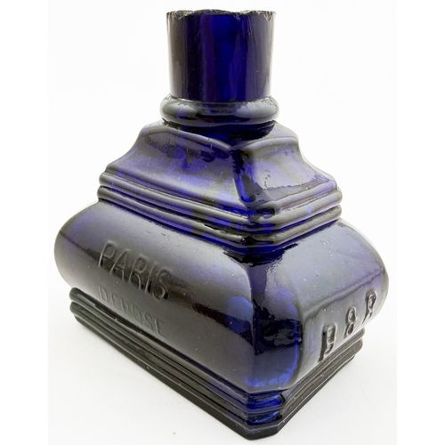 387 - COBALT STEPPED PYRAMID PLINTH INK BOTTLE. 2.9ins tall. Burch p30. A12.13. Superb cobalt ink embossed... 