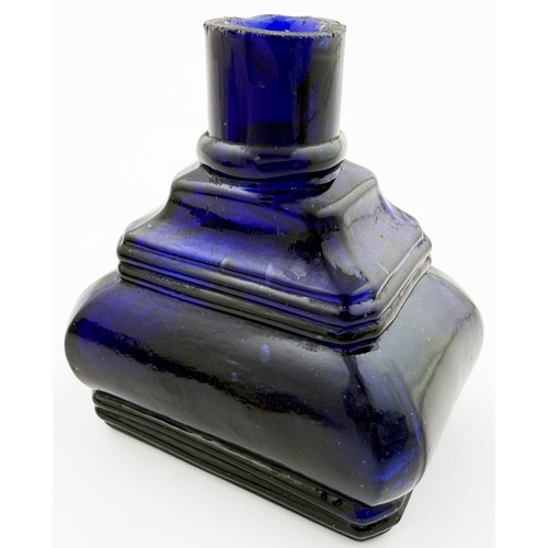 387 - COBALT STEPPED PYRAMID PLINTH INK BOTTLE. 2.9ins tall. Burch p30. A12.13. Superb cobalt ink embossed... 