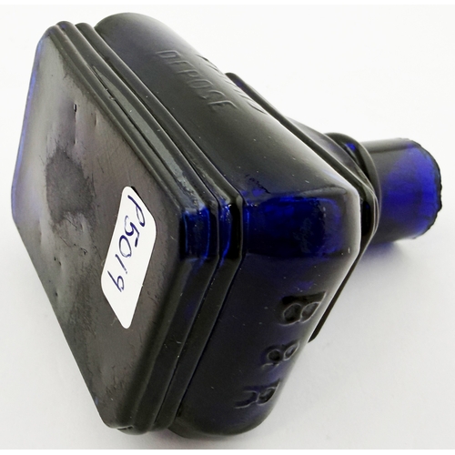 387 - COBALT STEPPED PYRAMID PLINTH INK BOTTLE. 2.9ins tall. Burch p30. A12.13. Superb cobalt ink embossed... 