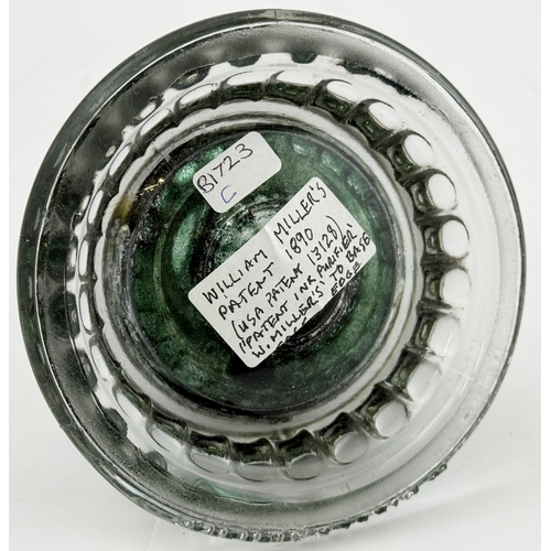 390 - MILLERS PATENT INK PURIFIER BOTTLE. 3.75ins tall. Clear glass Millers 1890 patent ink embossed PATEN... 