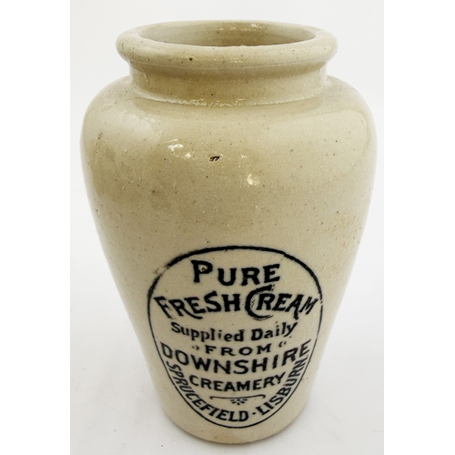 398 - DOWNSHIRE CREAMERY LISBURN CREAM POT. 4.25ins. All-white, black print from the Northern Ireland city... 