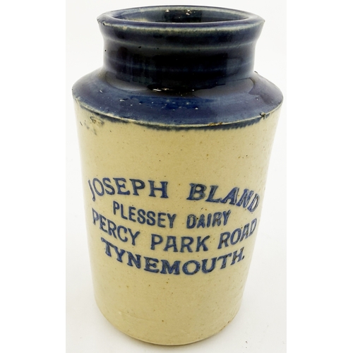 400 - JOSEPH BLAND TYNEMOUTH CREAM POT. 4ins. Blue top, blue print cream from Plessey Dairy/ Tynemouth. Go... 