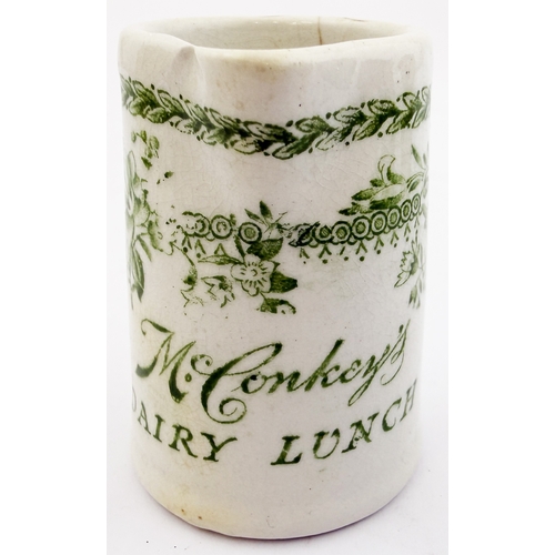 401 - McCONKEYS DAIRY LUNCH CREAM POURER 2.5ins. Unusual green print cream pourer transferred Mc Conkeys/ ... 