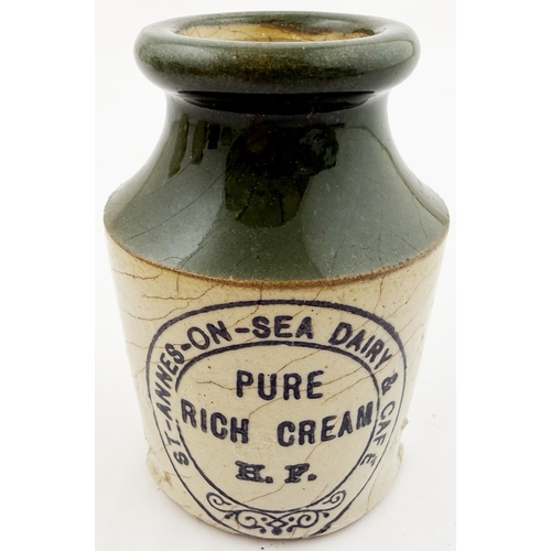 402 - H FISHER ST ANNES-ON-SEA DAIRY CREAM POT. 3ins. Green top cream pot from this Lancashire dairy, unus... 