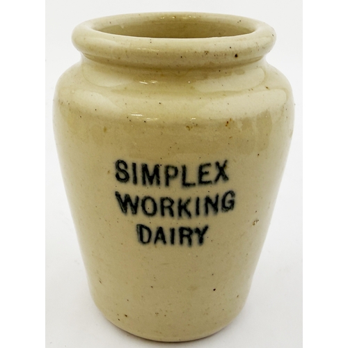 404 - SIMPLEX DAIRY STOKE-ON-TRENT CREAM POT? 3.5ins. All white pot simply black printed SIMPLEX/WORKING/ ... 
