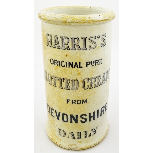 408 - HARRISS CREAM CYLINDER. 4.6ins. Blue print Harris cream cylinder, classic steam train pict. to rear ... 