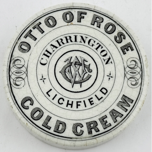 418 - LICHFIELD COLD CREAM LID. APL p579, 21. 2.6ins. Otto of Rose... Charrington/Lichfield, entwined init... 