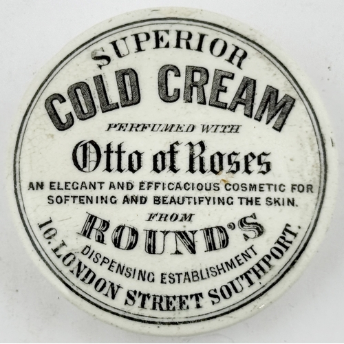 419 - SOUTHPORT COLD CREAM LID. APL p452, 119. 2.5ins. Otto of Roses/ Rounds/ Southport. Flange foot fleab... 