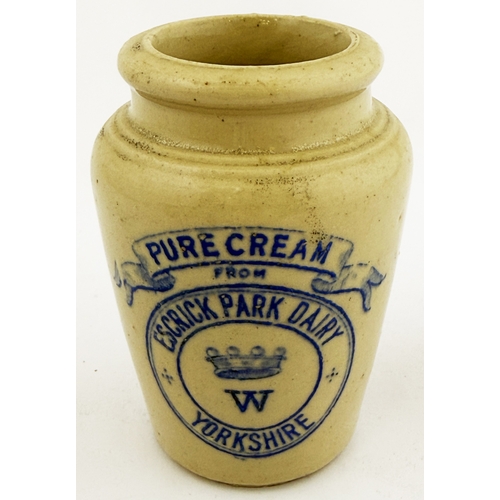 611 - ESCRICK PARK DAIRY YORKSHIRE CREAM POT. 3.5ins tall. Attractive blue print all white cream pot, crow... 